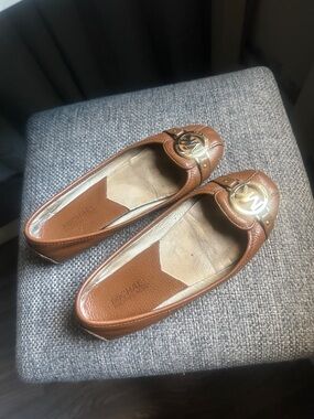 Michael Kors Brown Leather Logo Round-Toe Flats with Gold Hardware